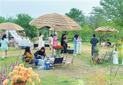 梁山街道八角社區(qū)的赴野小院,游客在休閑、游玩。記者 向成國 攝