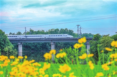鄭渝高鐵從雙桂湖湖面疾馳而過。記者 熊偉 攝